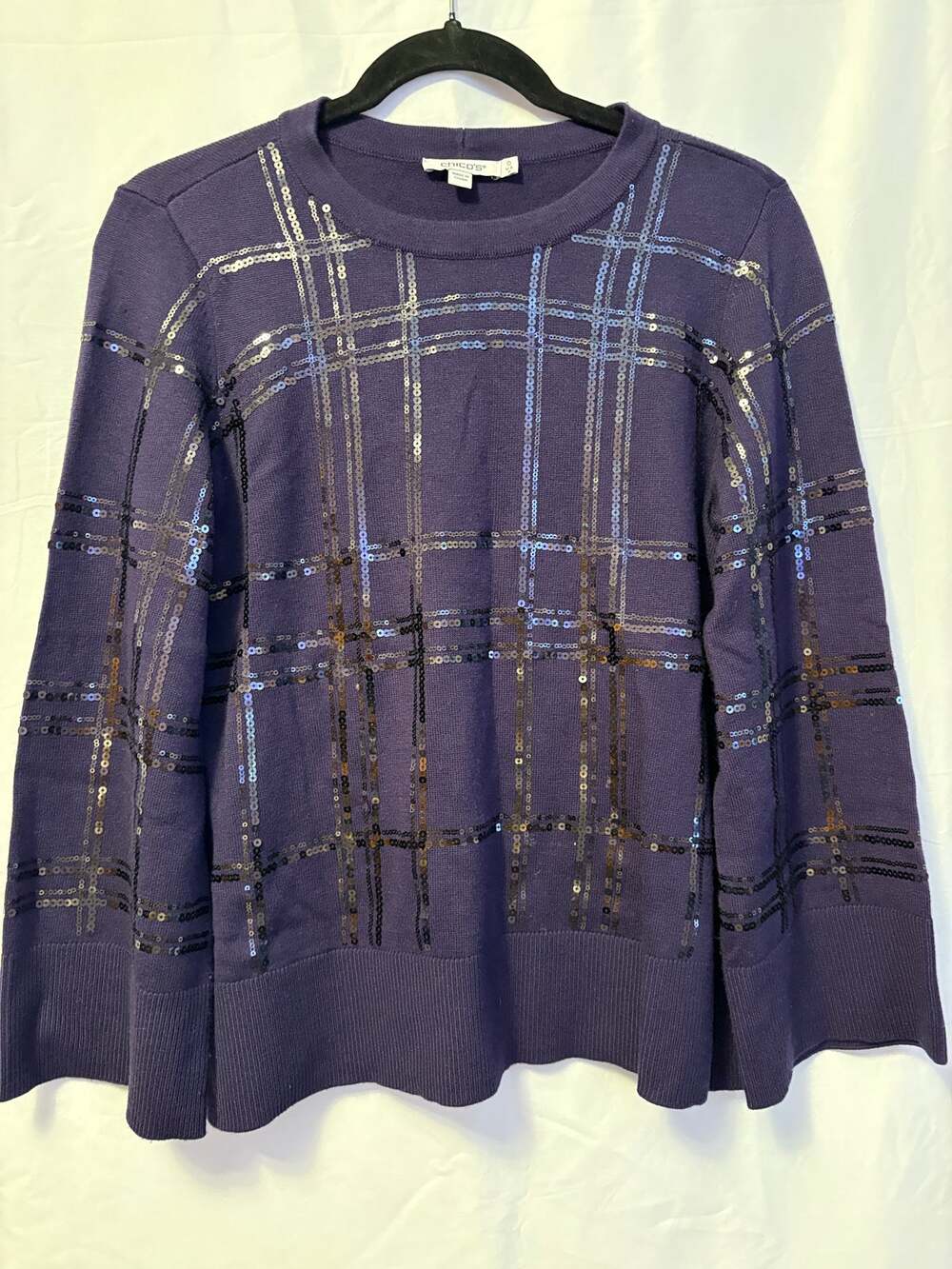 Chico's Sequin Plaid Long Sleeve Sweater Purple Crew Neck Long Sleeve Sz 0 / S